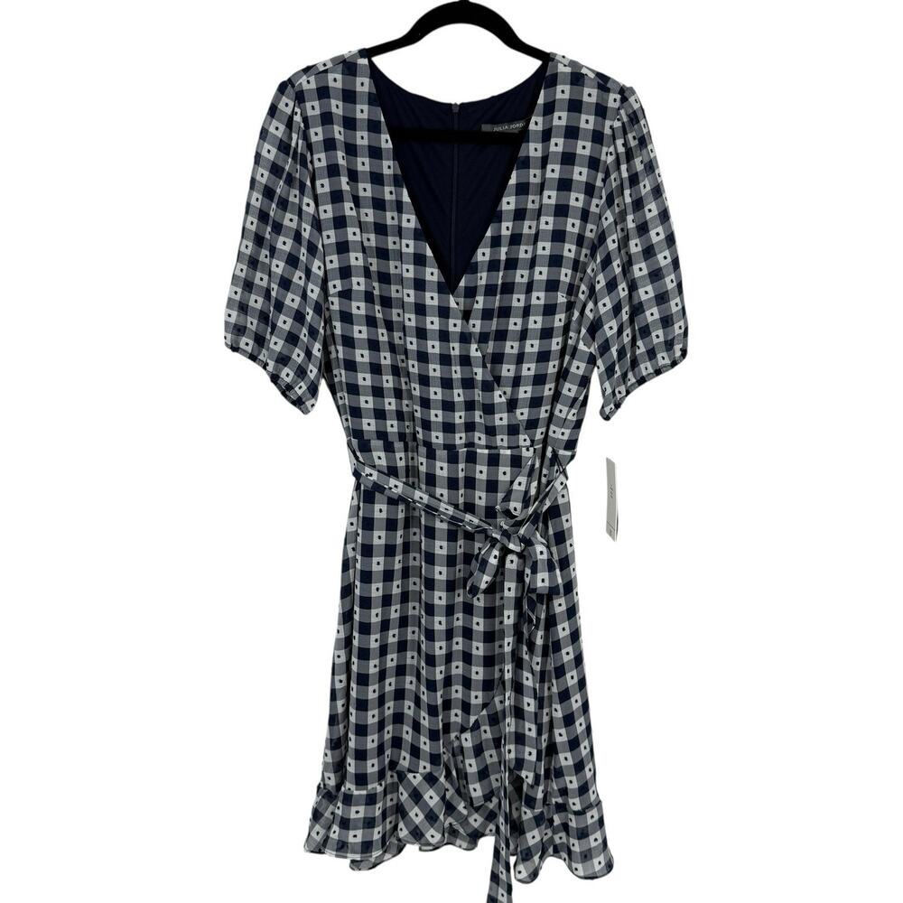 Julia Jordan Faux Wrap Dress size 16 Blue Check Ruffled Hem Feminine NWT - Picture 15 of 15